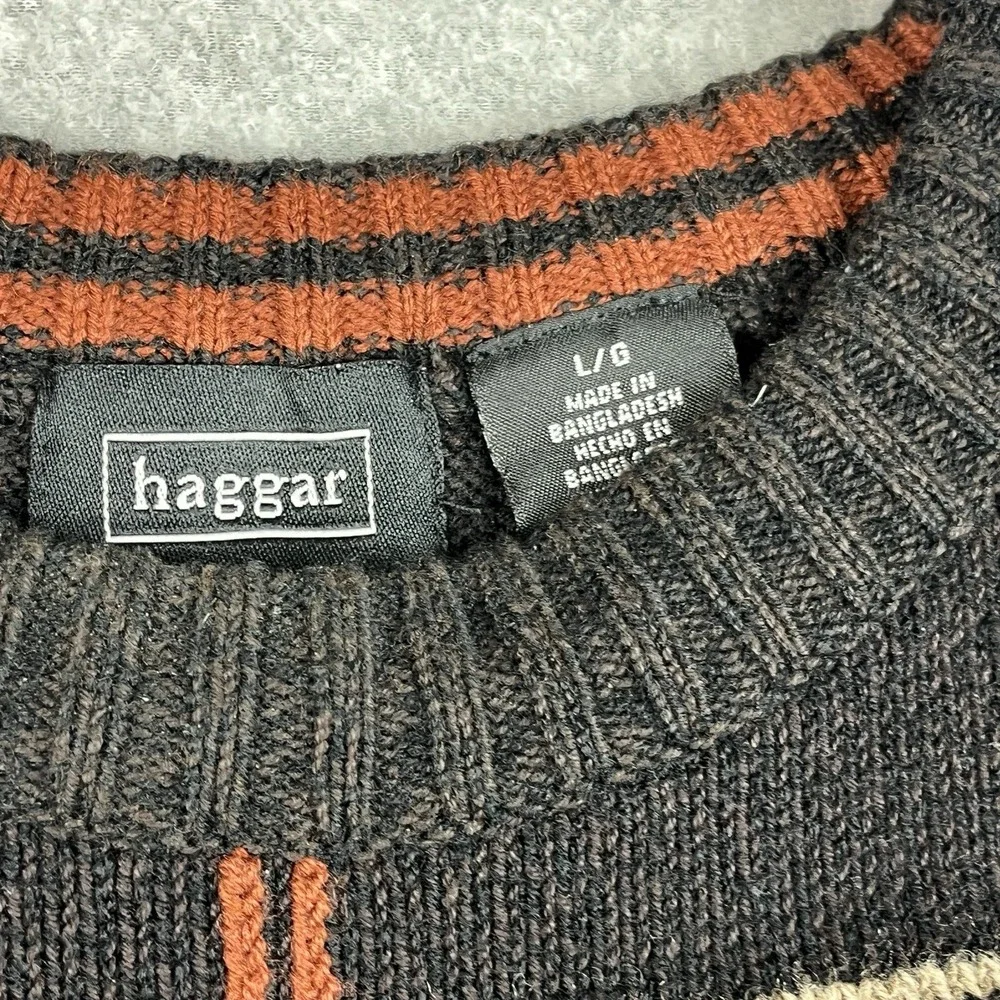 VTG Haggar Sweater Mens Large Brown Crewneck Earth Tone Check Pullover Striped